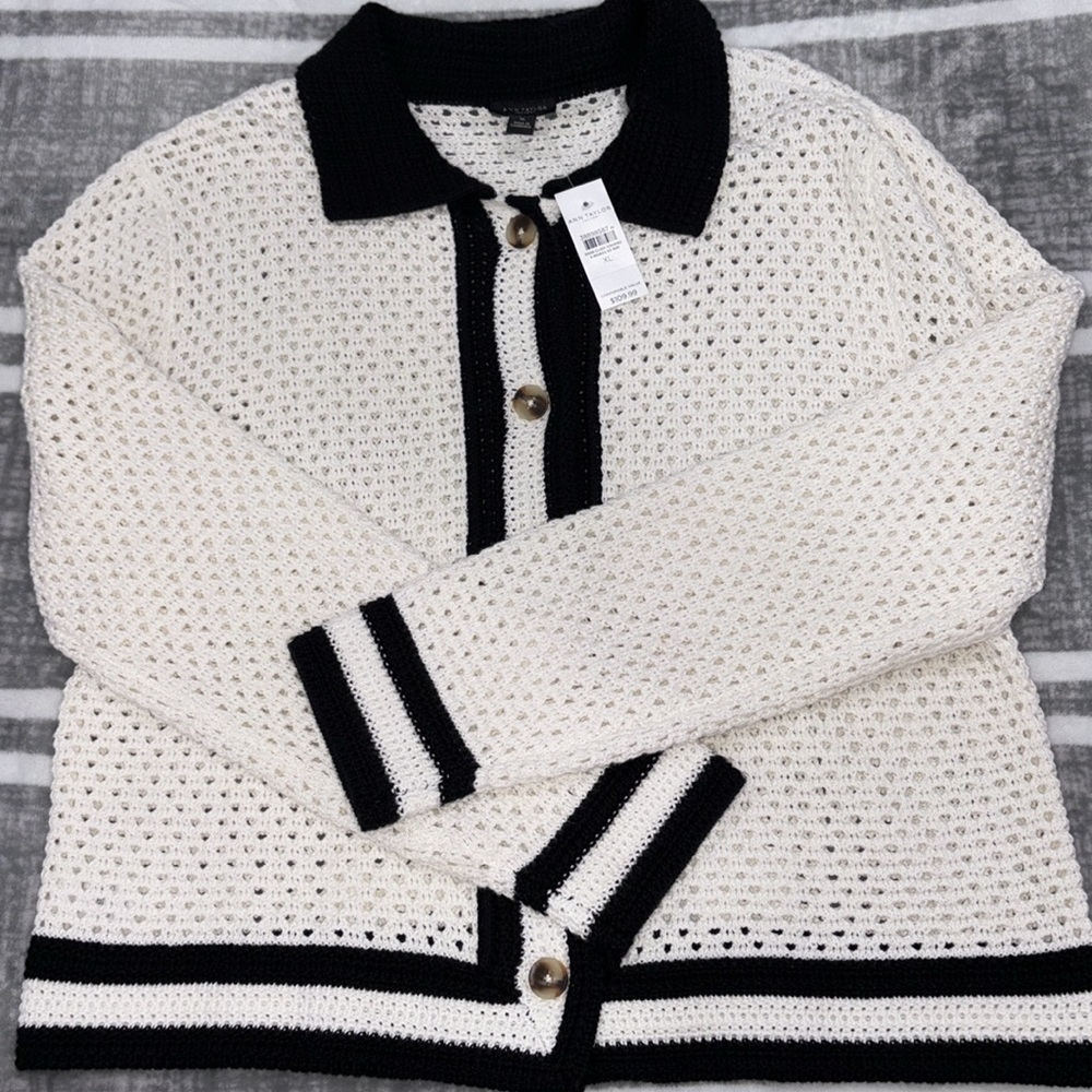 Ann Taylor Factory White and Black Crochet Cardigan